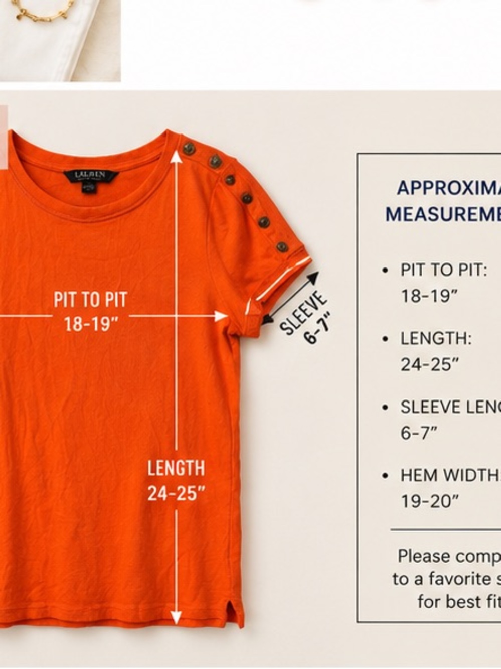 Lauren Ralph Lauren Orange Cotton Button Shoulder Tee Women’s Medium Preppy - Picture 4 of 7